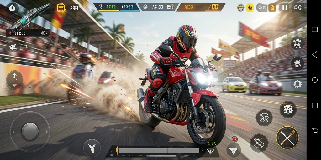 Tampilan balapan seru di dalam game API33 dengan motor yang melaju kencang.