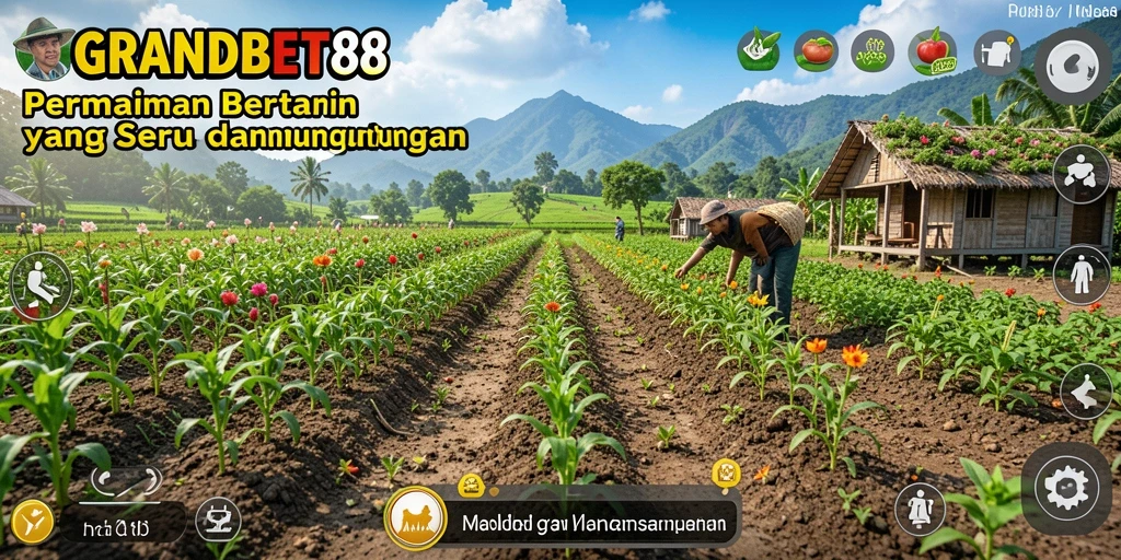 Tangkapan layar gameplay GRANDBET88 menunjukkan ladang yang subur dengan berbagai tanaman.