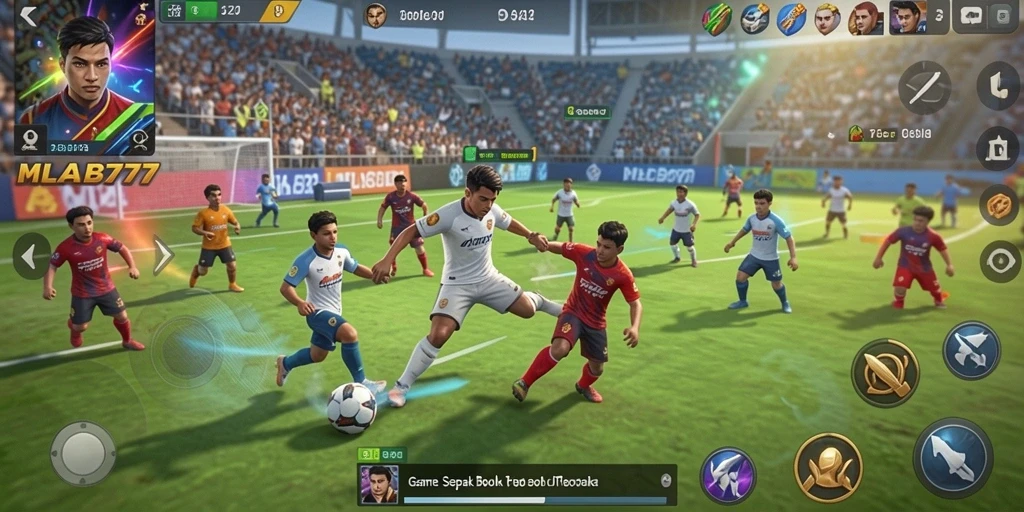 Tangkapan layar gameplay <strong>MLBB777</strong> menampilkan pertandingan sepak bola yang intens.