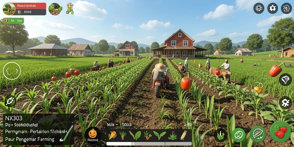 Tangkapan layar gameplay NX303 menunjukkan ladang yang subur dan aktivitas pertanian.