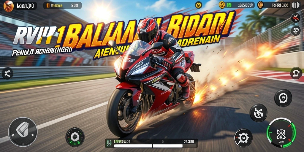 Tampilan gameplay mendebarkan dari RVIP1 saat balapan motor di lintasan.