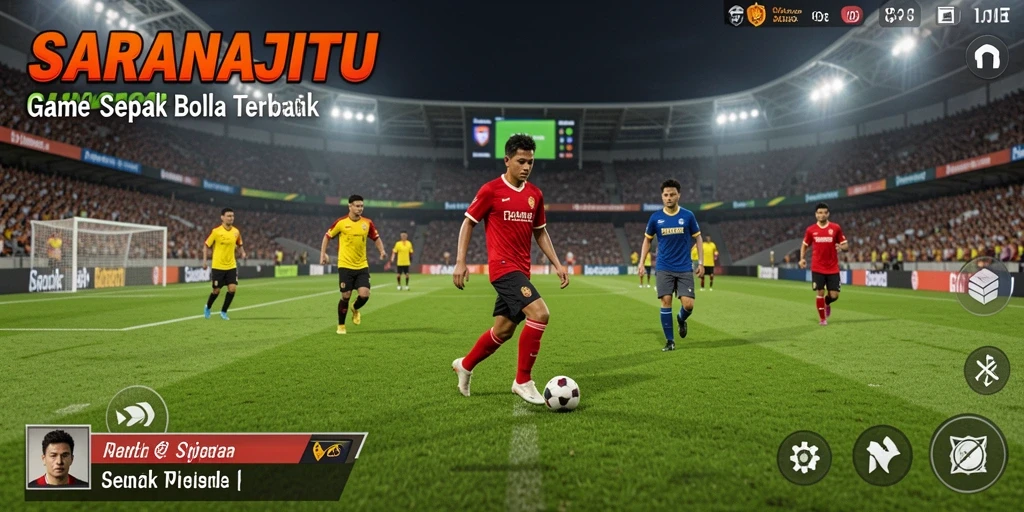 Screenshot utama SARANAJITU menampilkan aksi pertandingan sepak bola yang intens.