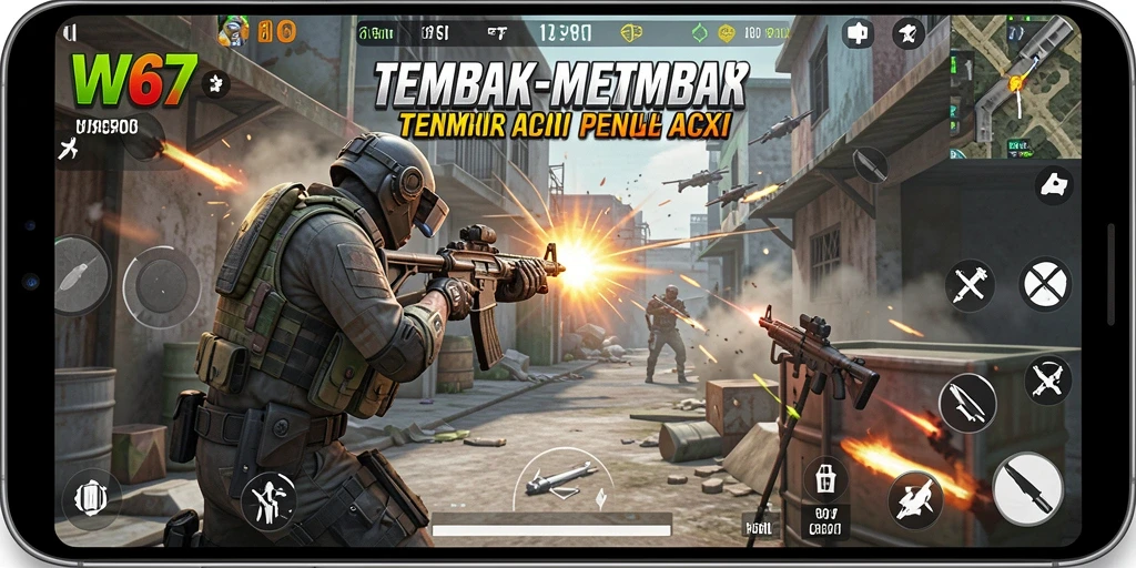 Screenshot W67 menampilkan aksi tembak-menembak yang intens.